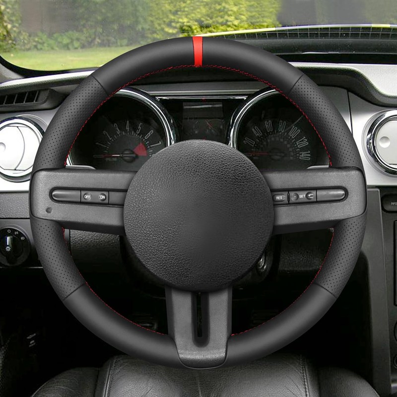 MEWANT Steering Wheel Cover for Ford Mustang 2005-2012 Hand-Stitched Leather