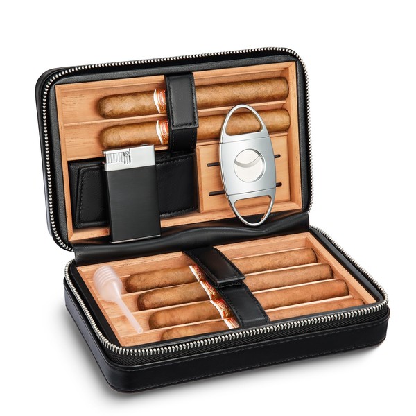 LEACHOI Leather Cigar Travel Humidor, Cigar Bag with Lighter and Cigar Cutter, Cigar Accessory Set, Cigar Gift Set, Holds up to 6 Cigars