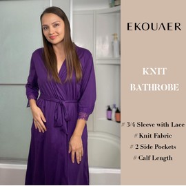 Ekouaer Women's Knit Bathrobe Lace Kimono Robes with Pockets Full Length Lightweight Loungewear Purple XL