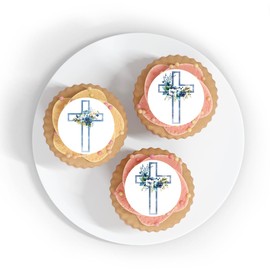 First Communion Edible Cupcake Topper Decorations, Pre-Cut Edible Image, Blue Floral Flowers Cross Cupcake Topper, Baptism Cupcake Topper