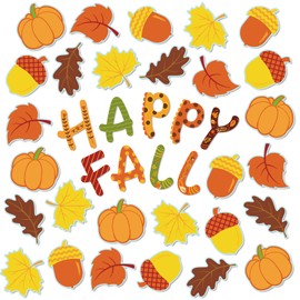 Whaline Happy Fall Cut-Outs Fall Bulletin Board Decorations Thanksgiving Maple Leaves Pumpkin Acorns Cutouts Autumn Harvest Cutouts with 100Pcs Glue Points for School Classroom Wall Decor, 48Pcs