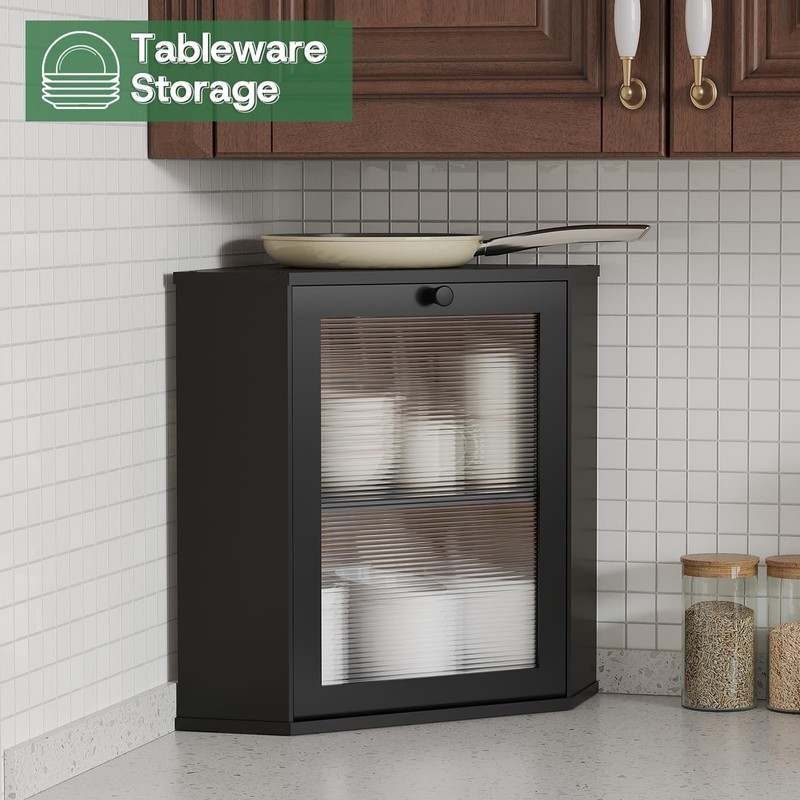 Black Corner Bread Box for Kitchen Countertop-Bamboo Wood 2-Tier