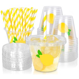 Whaline 100Pcs Lemon Disposable Plastic Cups with Lids and Straws 9Oz Party Cups Yellow Lemon Cold Beverage Drinking Cups for Iced Coffee Smoothie Juice Tea