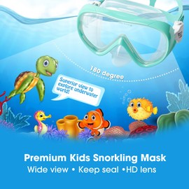 Kinder Taucherbrille 180° Panorama Kind Schnorchelmaske, Anti Nebel Tauchmaske gehärtetes Glas Schwimmmaske Junge Silikon Tauchermaske Mädchen Schwimmbrille mit Nasenabdeckung 4-16 (Aqua)