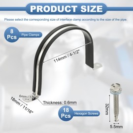 PATIKIL 8Pcs Pipe Clamps, 4-1/2 Inch 304 Stainless Steel Rubber Cushioned U Bracket Conduit Clamps Pipe Strap Wire Clips with Hexagonal Screw for Tube Hose Cord Installation, 114mm