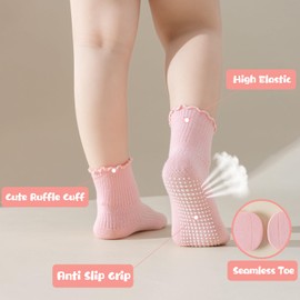 BISOUSOX - Calcetines antideslizantes con volantes para niñas y niñas, con agarre de volantes blancos, con empuñaduras, 0-6-12 meses, 1-5T, 6 pares-gripsocks-2white+4pink, 1-3 Años
