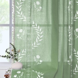 Schweek Boho Sage Green Curtains for Living Room, 84 Inches Length Semi Sheer Floral Curtains 2 Panels, Vintage Printed Patterned Tassels Country Curtain for Bedroom Nature Room