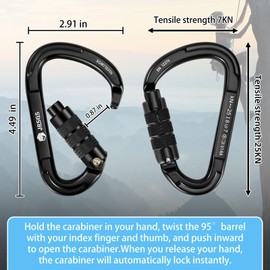 JRSGS Climbing Carabiner 25KN Large Carabiner Clip Auto Locking Carabiner Obtained UIAA Certification Heavy Duty Carabiners Suitable for Rock Climbing, Camping, Gym,Rescue (Black 2Pcs)
