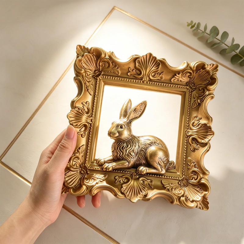 Rabbit Wall Decor with Gold Frame, Baroque Resin Bunny Wall