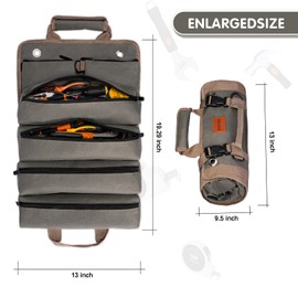 Roll Up Tool Bag, Heavy Duty Portable Tool Organizer with 2 Detachable Pouches and 4 Compartments, Water-Resistant Canvas Tool Roll for Car Garage Electrician Mechanic Handyman (Army Green)