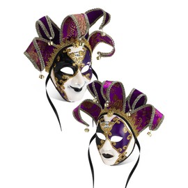 Syhood 2 Pcs Jester Mask Vintage Venetian Mask Men Women Masquerade Mask Full Face Mardi Gras Mask (Purple,Classic)