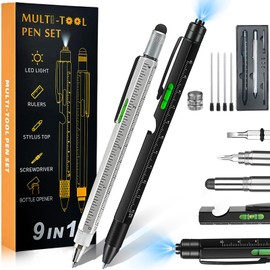 UIOERGF Juego de bolígrafos multiherramienta 10 en 1,Paquete de 2 pluma bolígrafos multifuncionales con Luz LED+Destornillador de Doble Propósito+Regla+Stylus,Regalo de cumpleaños,regalo para hombre