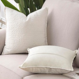 MADIZZ Pack of 2 Chenille Velvet Throw Pillow Covers 16x16 Inch White Soft Neutral Decorative Throw Pillows Accent Boho Cushion Covers for Couch Sofa Modern Farmhouse Home Decor