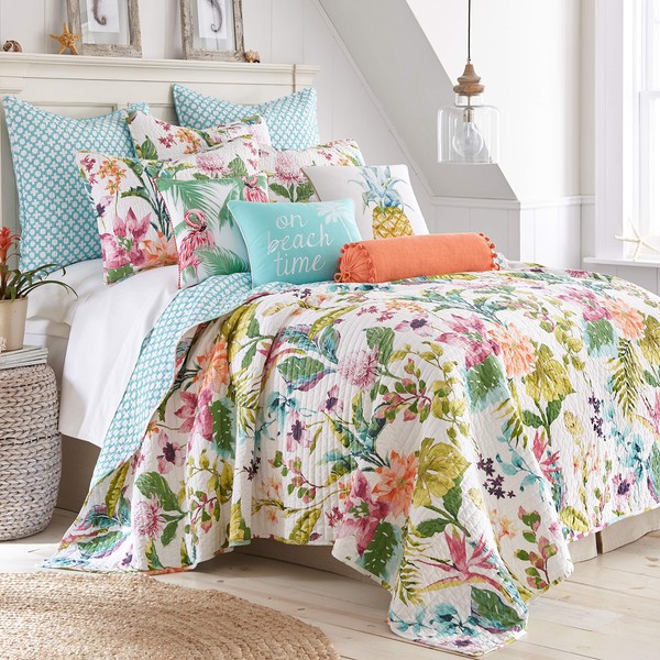 Levtex home - Malana Quilt Set - Full/Queen Quilt + Two Standard Pillow Shams - Tropical - Green, Coral, Plum, Teal - Quilt (88x92in.) and Pillow Shams (26x20in.) - Reversible - Cotton Fabric