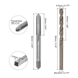 sourcing map Tap & Bit Sets, M5 x 0.5 H2 Straight Flute Machine Tap, 4.5 mm M35 Cobalt High Speed Steel (HSS-CO) Twist Drill Bit