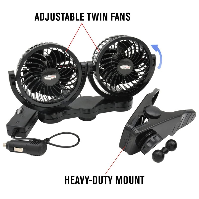 RoadPro RPSC8572 12-Volt Dual Fan with Mounting Clip, Black, 10X7X12