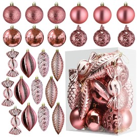 Prextex Rose Gold 24-Piece Shatterproof Christmas Ball Ornaments The Perfect Glitter Balls, Christmas Tree Baubles Christmas Decorations, Exquisite Xmas Combo of 8 Christmas Balls and Shape Styles
