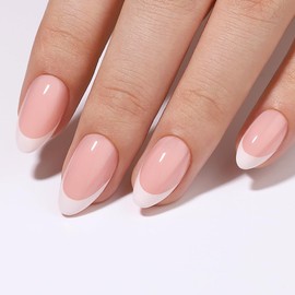 Hrnsnails White French Tip Press On Nails - Almond Press On Nails, Glue On Nails Short Fake Nails with Glossy Designs, Acrylic Nails Press On Gel False Nails,Artificial Nails Stick On Nails for Women