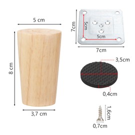 AKOLAFE Pack of 4 Furniture Feet, Wood, 8 cm, Sofa Feet, Wooden Furniture Feet, Oak Robust Furniture Feet, Round Furniture Legs with Mounting Plates and Screws, Heavy Duty Cabinet Feet for Sofa, Bed