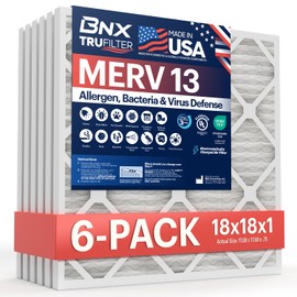 BNX TruFilter 18x18x1 Air Filter MERV 13 (6-Pack) - MADE IN USA - Electrostatic Pleated Air Conditioner HVAC AC Furnace Filters for Allergies, Pollen, Mold, Bacteria, Smoke, Allergen, MPR 1900 FPR 10