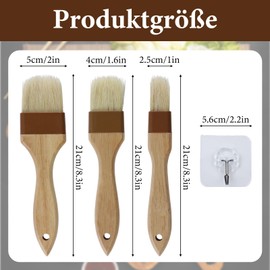 3 Stück Backpinsel Kochpinsel Küchenpinsel Grillpinsel BBQ Pinsel Naturborsten Backen Basting Ölpinsel Hitzebeständig Ölbürste mit Langem Holzgriff für Gebäck Grill Fleisch (2,5/4/5 cm), mit 3 Haken