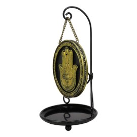 Ebros Gift Hand of God Hamsa Palm Facing Up with Evil Eye Round Medallion Disk Backflow Incense Cone Holder Burner Figurine Hanging On Black Display Stand Zen Home Fragrance Tabletop Altar Decor