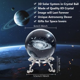 PLIGREAT 3D Solar System Crystal Ball with Stand, Glass Laser Engraved Sphere Solar System Model Decor Glass Ball Paperweight for Astronomy Lovers Space Planet Home Decor Crafts, 2.36"/60mm