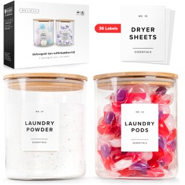 EDELHAUS Glass Detergent Dispenser Containers with 36 Laundry Labels - Large Jars with lids for Powder - Room Organization Decor - Storage Containers for Detergent, Pods, Powder Set of 2