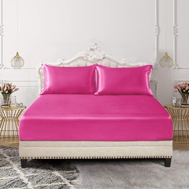 SiinvdaBZX 3-Piece Set Satin Full Fitted Sheet & 2 Pillowcase, Hot Pink Silky Soft Fitted Bottom Sheet, Wrinkle Free, Fade Resistant, Deep Pocket Bed Sheet (Deep Up to 15")
