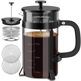 QUQIYSO French Press Coffee Maker 304 Stainless Steel French Press with 4 Filter, Heat Resistant Durable, Easy to Clean, Borosilicate Glass Coffee Press, 100% BPA Free Glass Teapot,34 ounce, Black