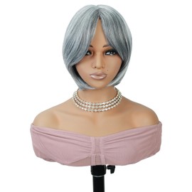 Creamily 12" Gray Wigs for Women Grey Silver Medium Length Short Bob Wig with Curtain Bangs Glueless Natural Looking Synthetic Wigs Daily and Cosplay (Black Mixed Grey Siler)