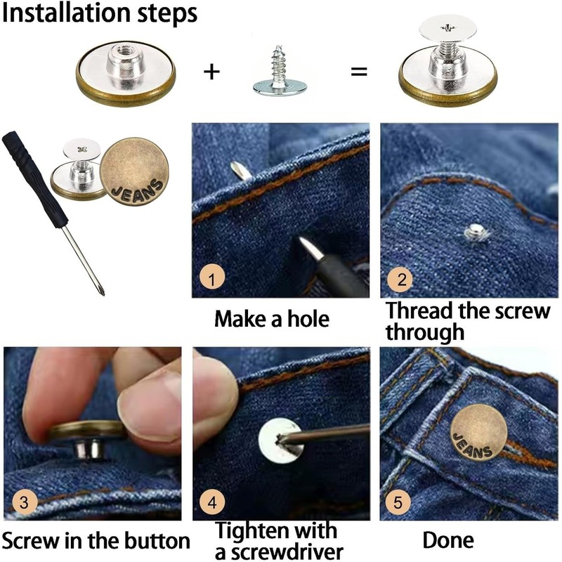 No-Sew Jeans Button Replacement Kit, 10 Sets Metal Snap Tack