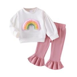 Toddler Girl fall Outfits 12-18 month girl clothes white puff sleeve sweatshirt pink flared Pants Set baby spring clothing