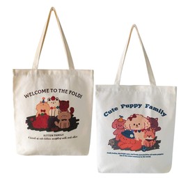 Jiavlyx Pack of 2 Printed Cotton Bags, 37 x 34 cm Tote Bag, Women's Canvas Bag, Reusable Canvas Shopping Bag, Canvas Bag, Cute Animal Pattern, for School, Shopping, Travel, White