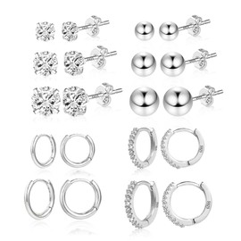 Pendientes de aro de plata de ley Pendientes de bola de circonita cúbica Juego de pendientes para mujer Juego de pendientes de plata de ley hipoalergénicos para múltiples perforaciones