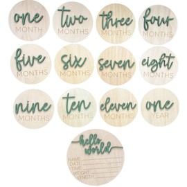 Baby Monthly Milestone Cards, 3D Premium Wooden Discs for Baby Photos and Pregnancy Journey plus BONUS Hello World Sign for Birth Announcement and Documenting Growth, Light Wood Photo Props (13 pcs) Baby Shower and Gender Reveal Gift (Green)