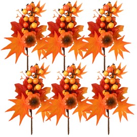 Adurself 6 Pack Fall Stems Artificial Berry Picks Fall Picks with Pumpkin Maple Leaves Branches Decorations for Harvest Autumn Thanksgiving Day Flower Arrangements Wreaths Indoor Outdoor Home Decor