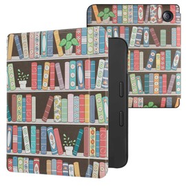 kwmobile Flip Case Compatible with Tolino Vision 6 Case - eReader Case - Bookshelf with Plants Blue Green Pink