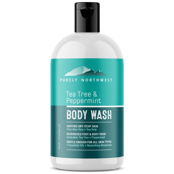 PURELY NORTHWEST-Natural Tea Tree & Peppermint Body Wash for Men & Women-Refreshing Daily Soap for Body Odor & Hygiene, Acne-Effectively Soothes Jock Itch, Chafing & Athletes Foot-Discolored Nails-9oz