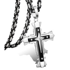 LOLIAS 5MM Stainless Steel Cross Pendant Necklace Men Byzantine Chain Necklace 28 Inches