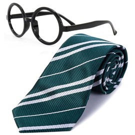 Sawaruita Striped Tie with Novelty Glasses Frame, for School Christmas Cosplay Costumes Accessories, Suit Kids Teens、Women and Men(Deep Green)