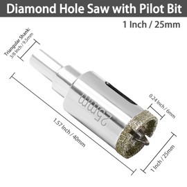 Qjaiune 1 Inch / 25mm Diamond Hole Saw with Pilot Drill Bit, 1-9/16 Inch Cutting Depth Glass Hole Saw Tile Hole Saw Drill Bit, Ceramic Hole Saw for Marble, Granite, Fiberglass, Porcelain, Quartz