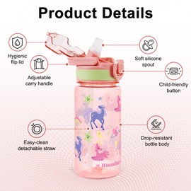 wooshwa Kids Water Bottle for School, 16 Oz Plastic Water Bottle with Silicone Spout and Pop-Up Cover, BPA Free & Dishwasher Safe (Unicorn)