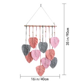 LB Macrame Wall Hanging Decor, Boho Chic Feather Wall Decor Macrame Photo Wall Hanging Handmade Yarn Woven Wall Art Pink Leaf Tapestry for Bedroom Living Room Nursery Office Backdrop, 16x35 Inch