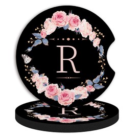 2pcs Letter R Car Coasters,Absorbent Universal neoprener Cup Holder Coasters with a Finger Notch,Car Accessories for Women&Man Interior，2.75"