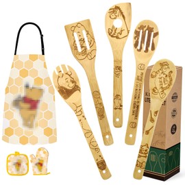 Jewelvwatchro Mothers Day Gifts for Mom Women Cute Bear Wooden Cooking Spoons Set Bamboo Kitchen Cooking Utensils Set with Apron Oven Mitt Potholder Set Christmas Birthday Gift
