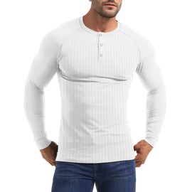 Yewloch Men's Muscle Slim Henley Shirts,Cotton Casual Short,Long Sleeve Lightweight Button Business Underwear T-Shirts White L