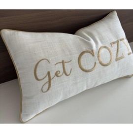 YugTex Romantic Couple Love Sentiment Embroidered Decorative Sayings Lumbar Accent Throw Pillowcase - Get Cozy Phrase Decor for Wedding, Anniversary, Valentine - 12x20 Inches, Ivory