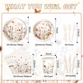 120PCS Wildflower Party Supplies for Girls Baby Shower Boho Autumn Floral Birthday Wedding Party Decorations Fall Flower Tableware Set Plates Napkin Cups for 20 Guests