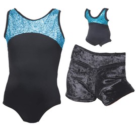 Delicate Illusions Girls Sleeveless Leotard with Soft Shorts for Gymnastics and Matching 18 Inch Doll Leotard L (8-9 yrs) Black/Turquoise